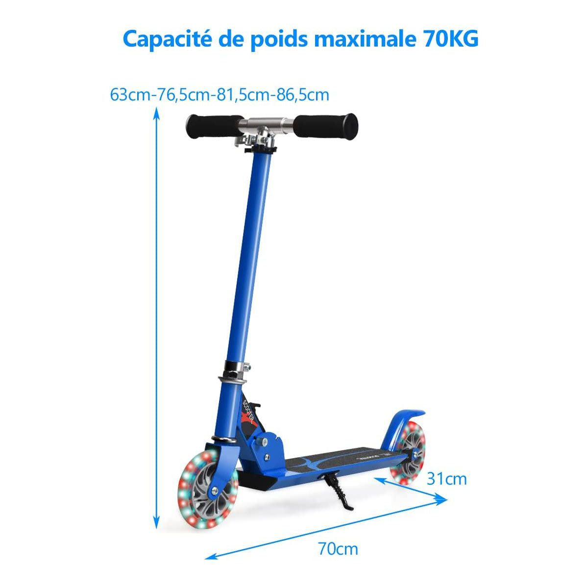 Trottinette Enfant 2 Roues Patinette Enfant Pliable Scooter Enfant Kick Avec LED Lumière Hauteur Réglable Bleu/Bleu Foncé/Rose/Rouge/Violet/Jaune