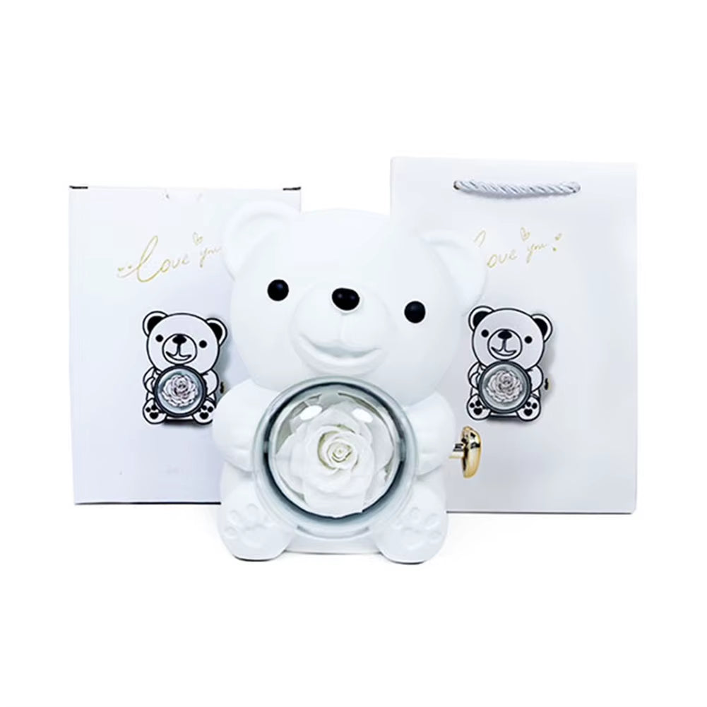 Bear Hug Eternal Rose Gifts Elegant Bear Rose Ring Box with Gift Bag Rotating Bear Rose Jewelry Box for Christmas Gift