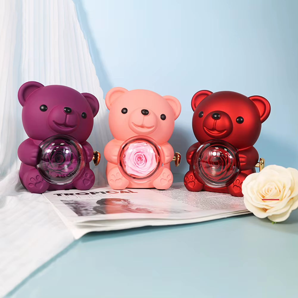 Bear Hug Eternal Rose Gifts Elegant Bear Rose Ring Box with Gift Bag Rotating Bear Rose Jewelry Box for Christmas Gift