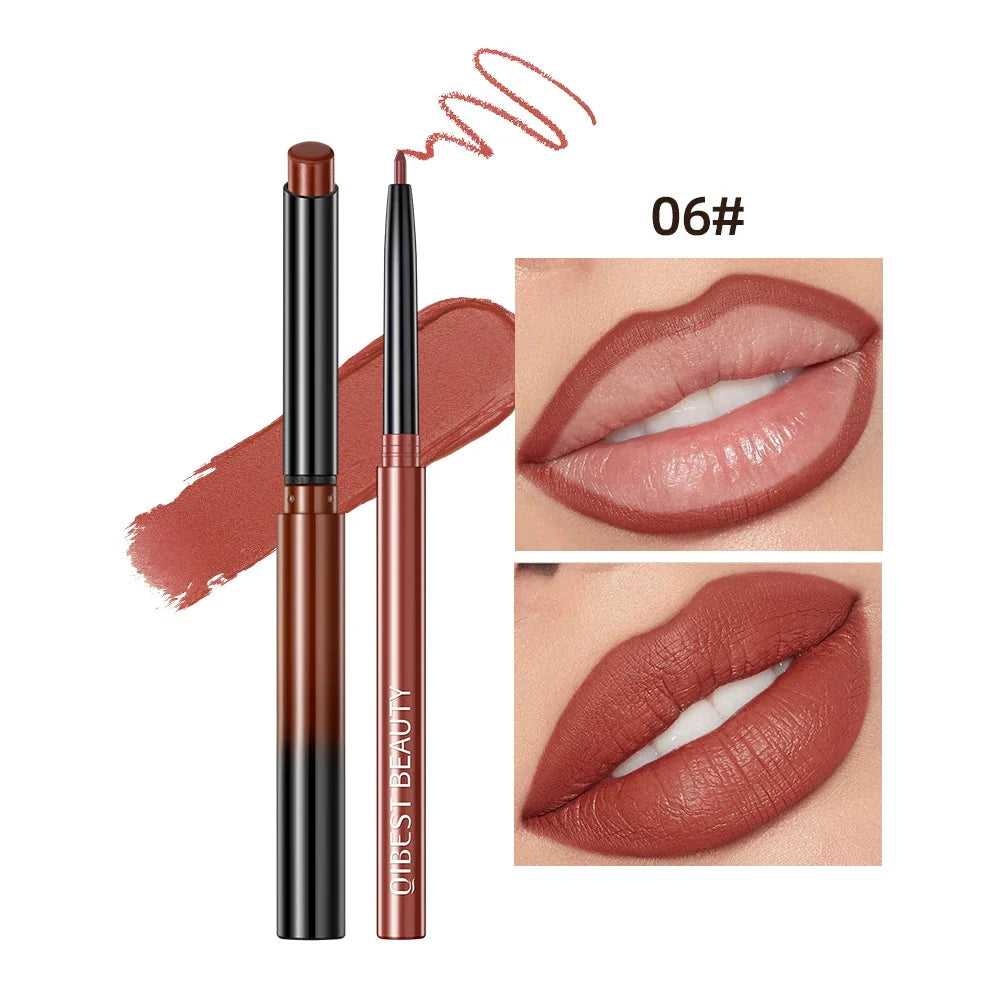 QIBEST 2Pcs Lipstick Lipliner Pen Set Matte Velvet Lip Liner Pencil Contour Makeup Sexy Red Lip Stick Long Lasting Cosmetics