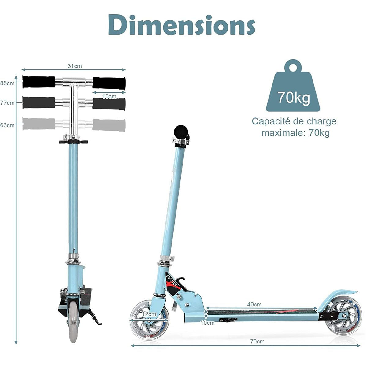 Trottinette Enfant 2 Roues Patinette Enfant Pliable Scooter Enfant Kick Avec LED Lumière Hauteur Réglable Bleu/Bleu Foncé/Rose/Rouge/Violet/Jaune