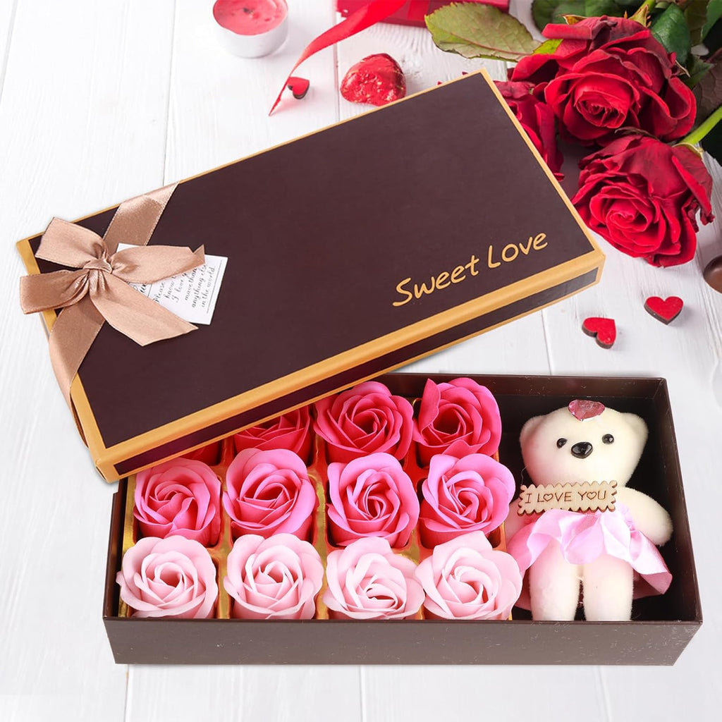 Savon De Bain Parfumé Floral Pétales De Fleurs De Rose, Ours En Peluche, Coffret Cadeau Fleur De Savon Pour Cadeau Romantique De La Saint-Valentin(Dégradé Poudre)