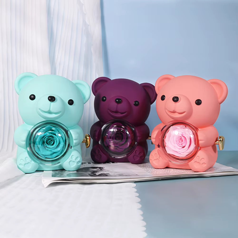 Bear Hug Eternal Rose Gifts Elegant Bear Rose Ring Box with Gift Bag Rotating Bear Rose Jewelry Box for Christmas Gift