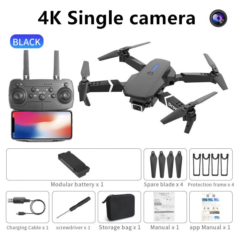 Professional Drone E88 4K Wide-Angle HD Camera Wifi Akanne Hold Foldable RC Quadrotor Helicopter Camera-Free Children'S Toys