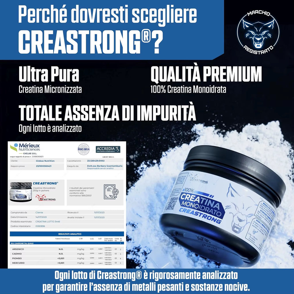 Creatine Monohydrated Creatine 3000Mg Creastrong Pure, Creatine Powder without Additives for Pre, Intra, Post Workout, Alternative to Creatine Capsules and Tablets, Creatine Vitastrong 250G Soluble and Certified