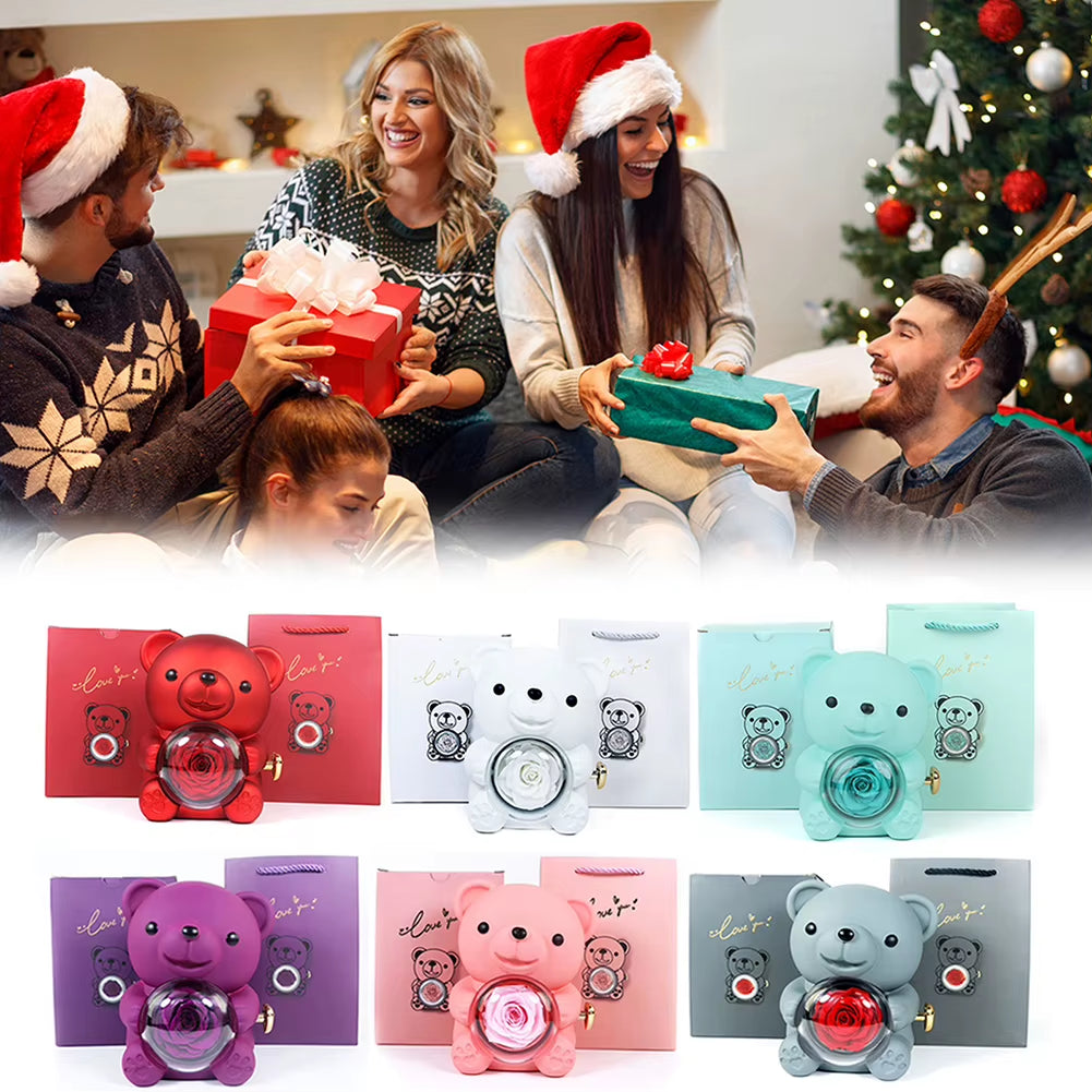 Bear Hug Eternal Rose Gifts Elegant Bear Rose Ring Box with Gift Bag Rotating Bear Rose Jewelry Box for Christmas Gift