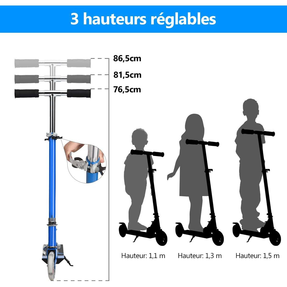 Trottinette Enfant 2 Roues Patinette Enfant Pliable Scooter Enfant Kick Avec LED Lumière Hauteur Réglable Bleu/Bleu Foncé/Rose/Rouge/Violet/Jaune