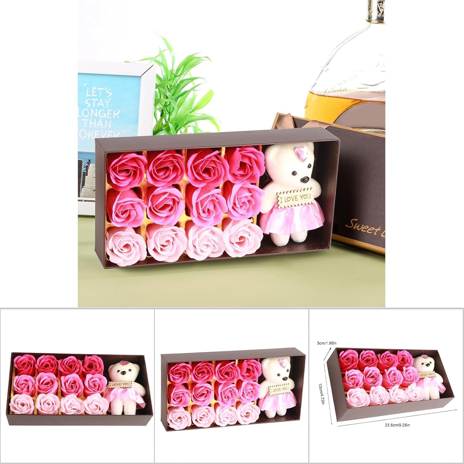 Savon De Bain Parfumé Floral Pétales De Fleurs De Rose, Ours En Peluche, Coffret Cadeau Fleur De Savon Pour Cadeau Romantique De La Saint-Valentin(Dégradé Poudre)