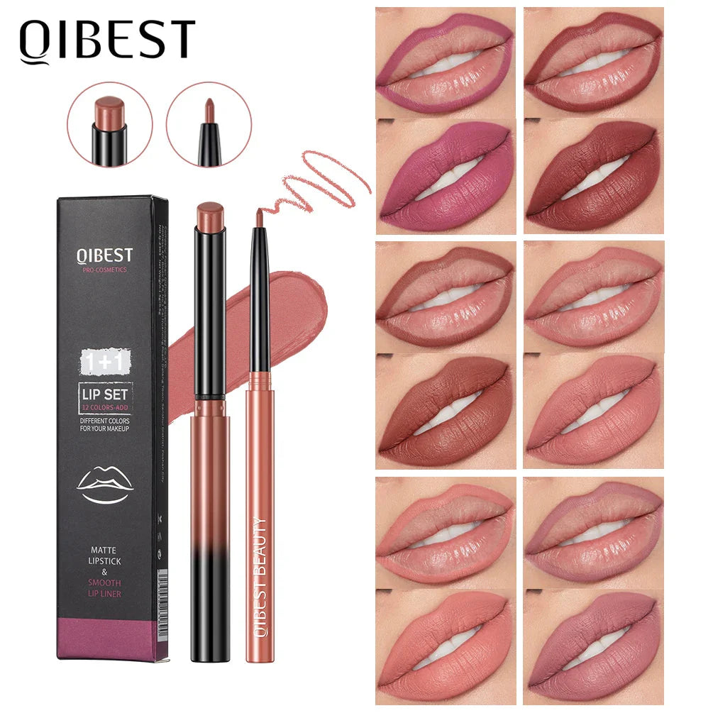 QIBEST 2Pcs Lipstick Lipliner Pen Set Matte Velvet Lip Liner Pencil Akanne Makeup Sexy Red Lip Stick Long Lasting Cosmetics